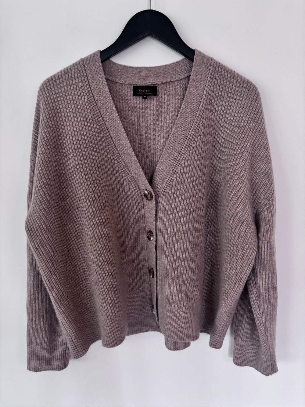 Quince Taupe Ribbed V-Neck Button Cardigan cashmere blend